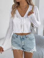 Pointelle Tie-Front Cardigan - View 16 | TEVQA