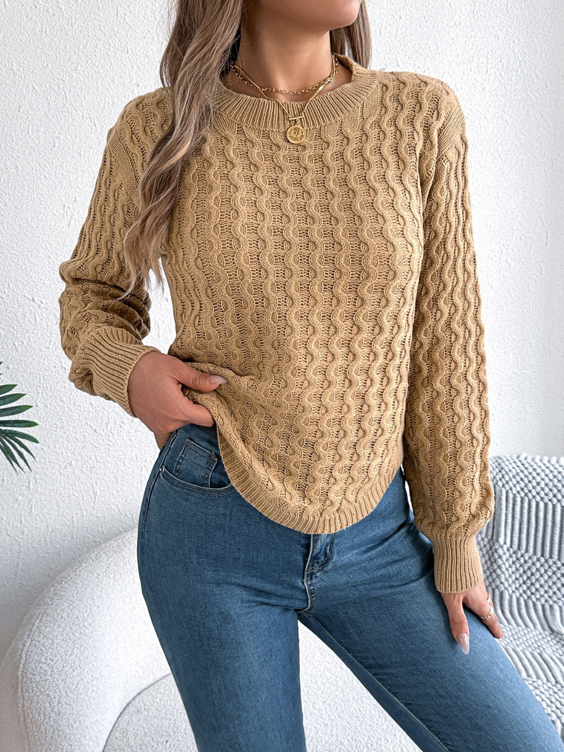 Camel Cable Knit Curved Hem Sweater