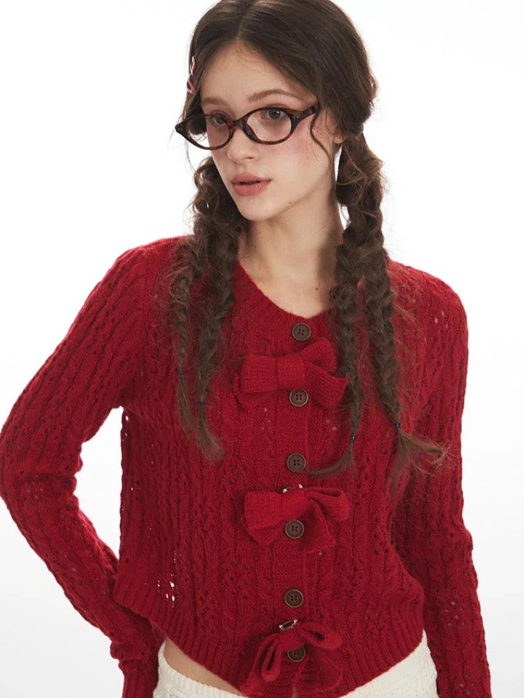 Coquette Cherry Red Bow Pointelle Cardigan - TEVQA