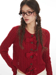Coquette Cherry Red Bow Pointelle Cardigan - TEVQA