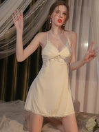 Vintage Cream | Twist-Front Lace & Mesh Satin Robe Set - TEVQA