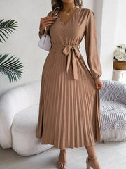 Vintage Khaki V-Neck Pleated Maxi Dress - TEVQA