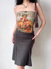 Wild West Graphic Printed Strapless Tube Top