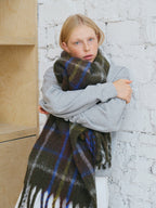 Oversized Wool Blend Plaid Scarf with Chunky Fringe