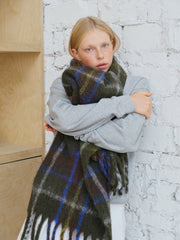 Oversized Wool Blend Plaid Scarf with Chunky Fringe