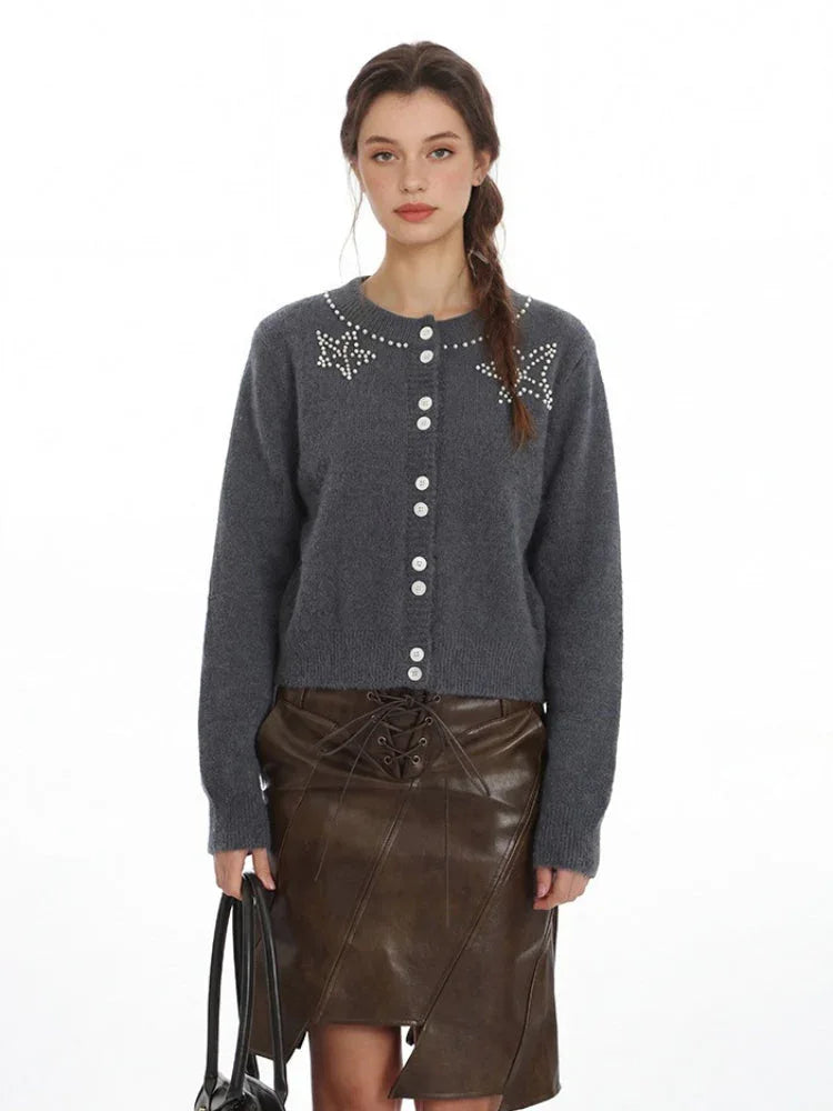 Coquette Grey Pearl Star Fuzzy Cardigan - TEVQA