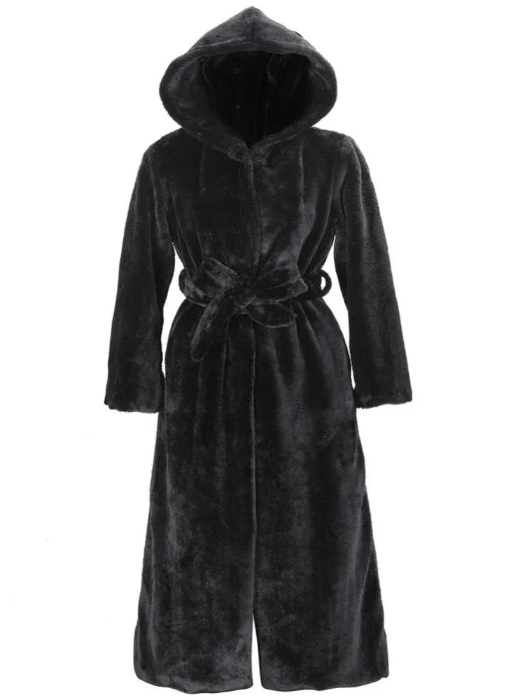 Front view of a long, black faux fur coat with a hood and belt