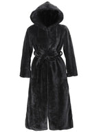 Front view of a long, black faux fur coat with a hood and belt