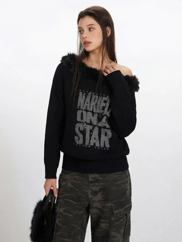 Y2K Grunge Faux Fur Trim Off-Shoulder Sweater - TEVQA