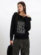 Y2K Grunge Faux Fur Trim Off-Shoulder Sweater - TEVQA
