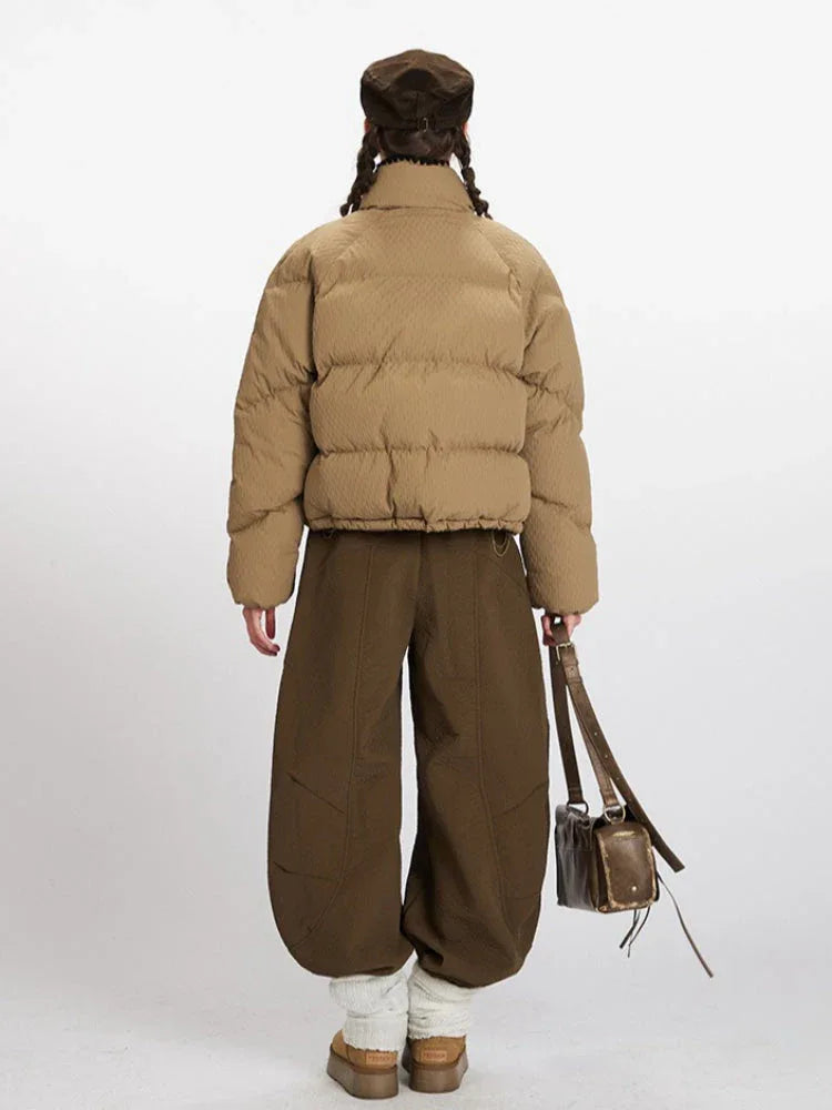 Textured Stand Collar Cropped Puffer Jacket - TEVQA