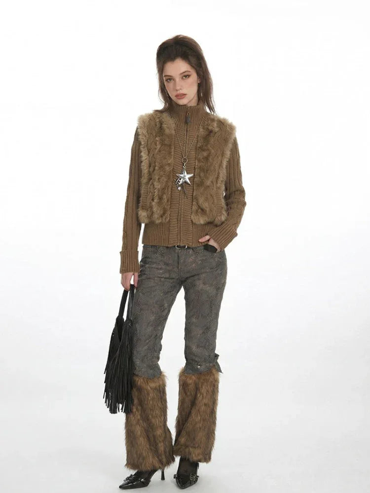 Y2K Faux Fur Panel Zip-Up Cardigan - TEVQA