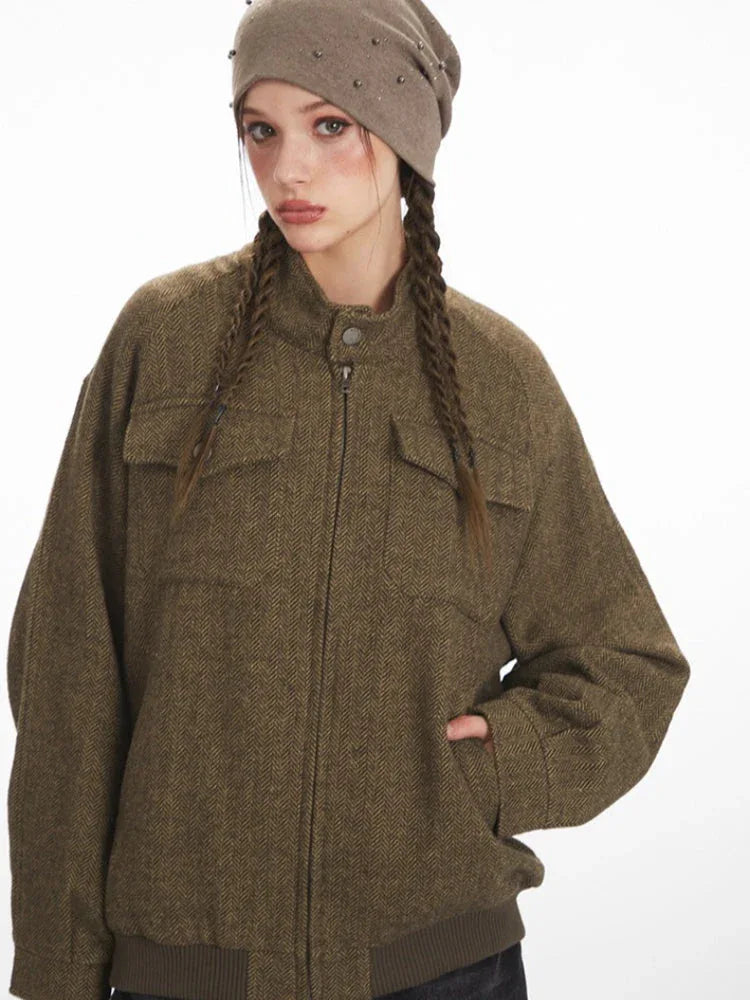 Vintage Herringbone Tweed Zip Jacket - TEVQA