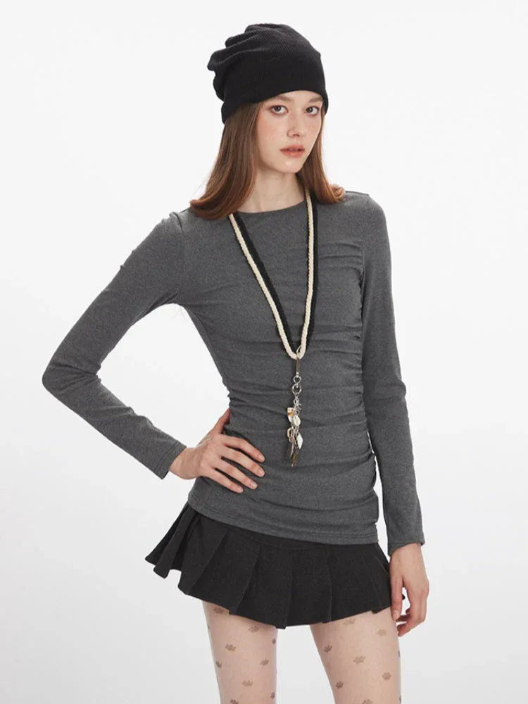 90s Minimalist Ruched Long Sleeve Top - TEVQA