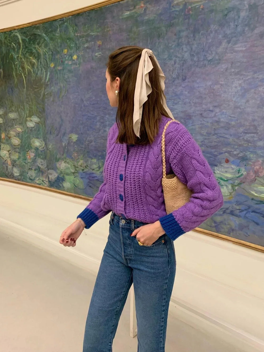 Violet Vintage Chunky Cable Knit Cardigan - TEVQA