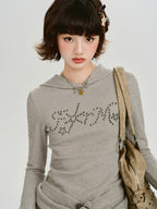 Vintage Rhinestone Hooded Knit Top Oatmeal Grey