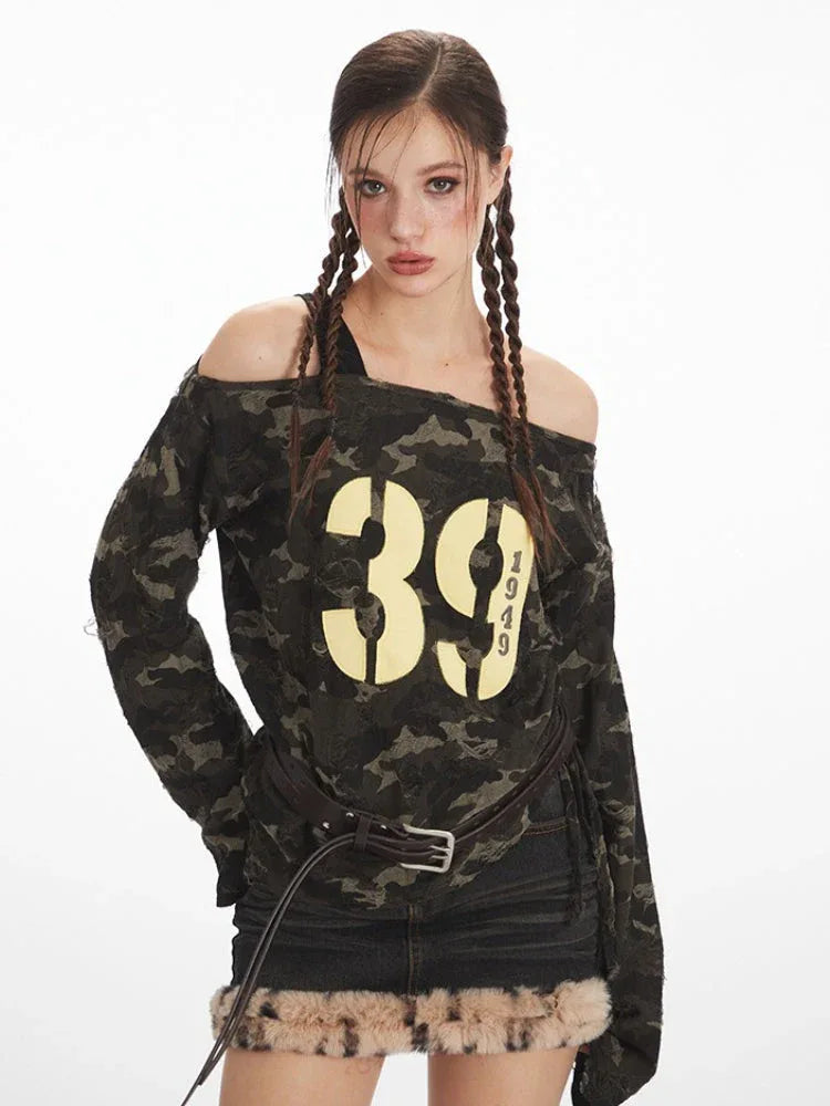 Y2K Grunge Camo Asymmetrical Long Sleeve Top - TEVQA