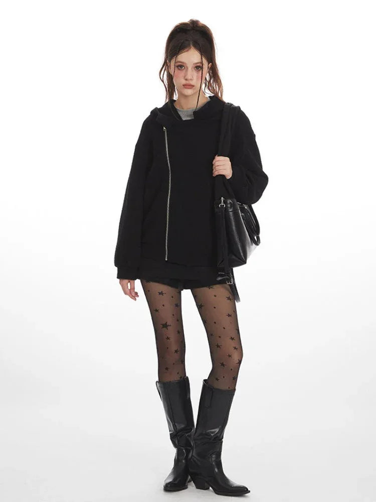 Y2K Grunge Asymmetrical Zipper Hoodie - TEVQA
