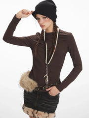 Y2K Mocha Ruched Slim Fit Long Sleeve Top - TEVQA