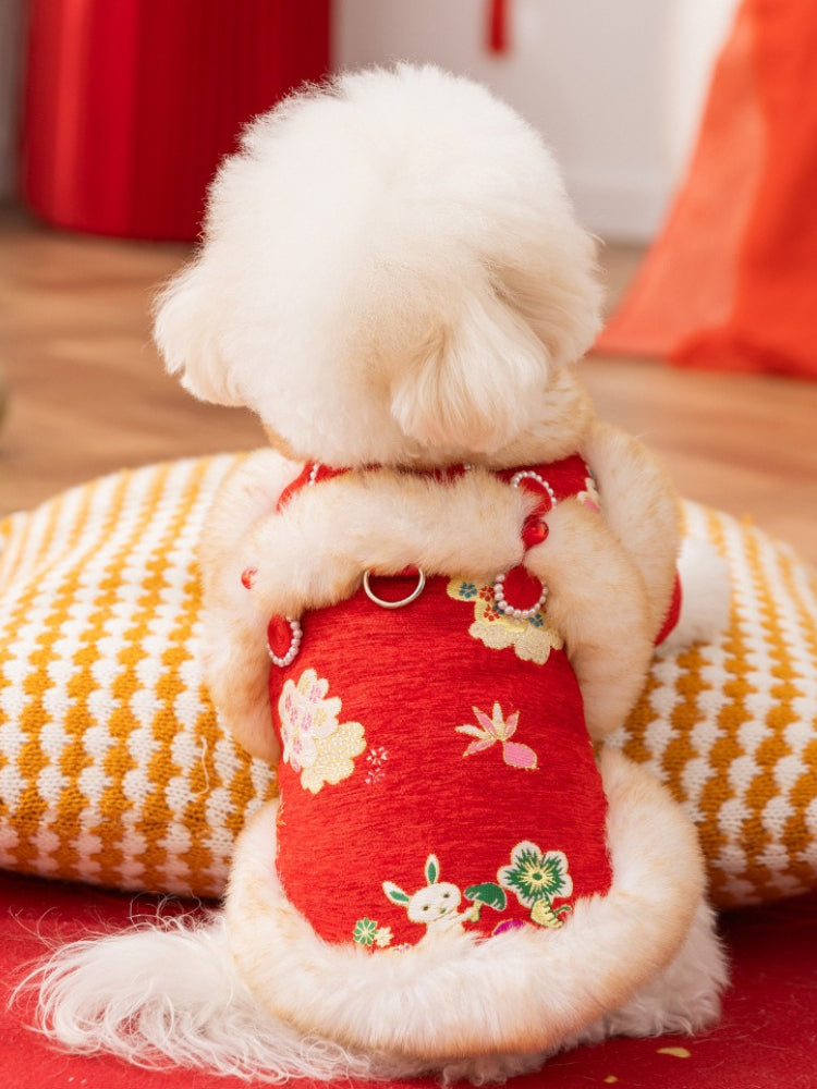 Back view of a white poodle dog wearing a red festive coat with embroidered floral patterns, sitting on a yellow and white striped cushion.