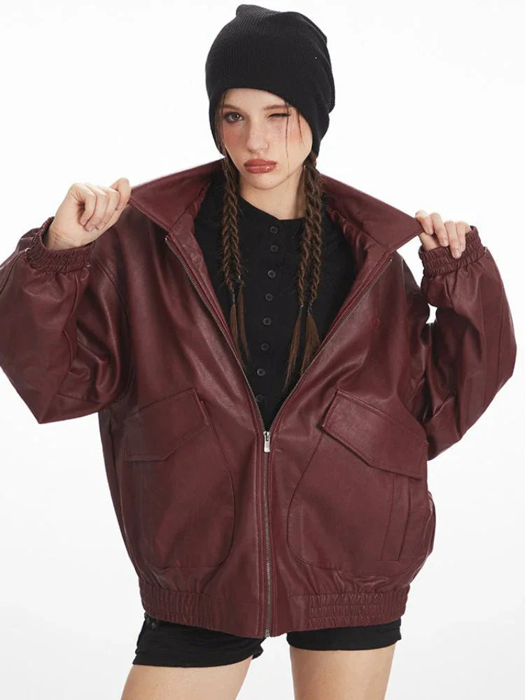 Vintage Burgundy Oversized Faux Leather Bomber Jacket - TEVQA
