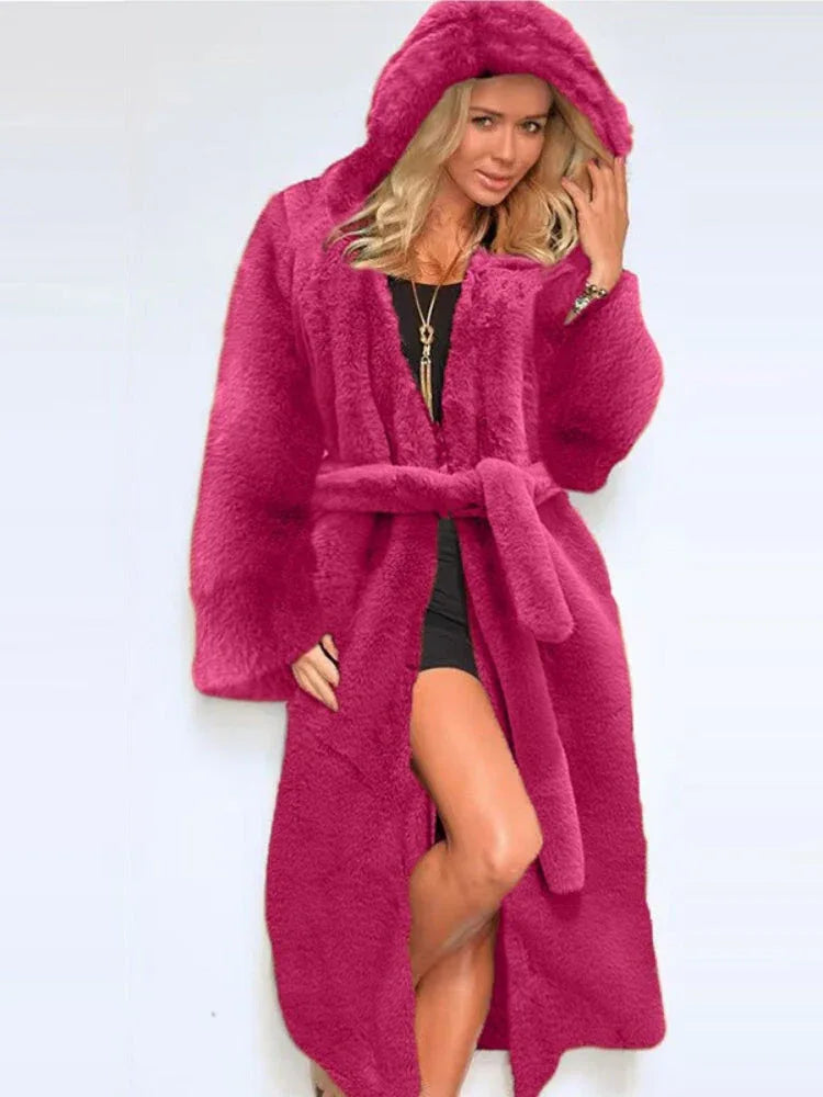 Hooded Faux Fur Long Coat - View 6 | TEVQA