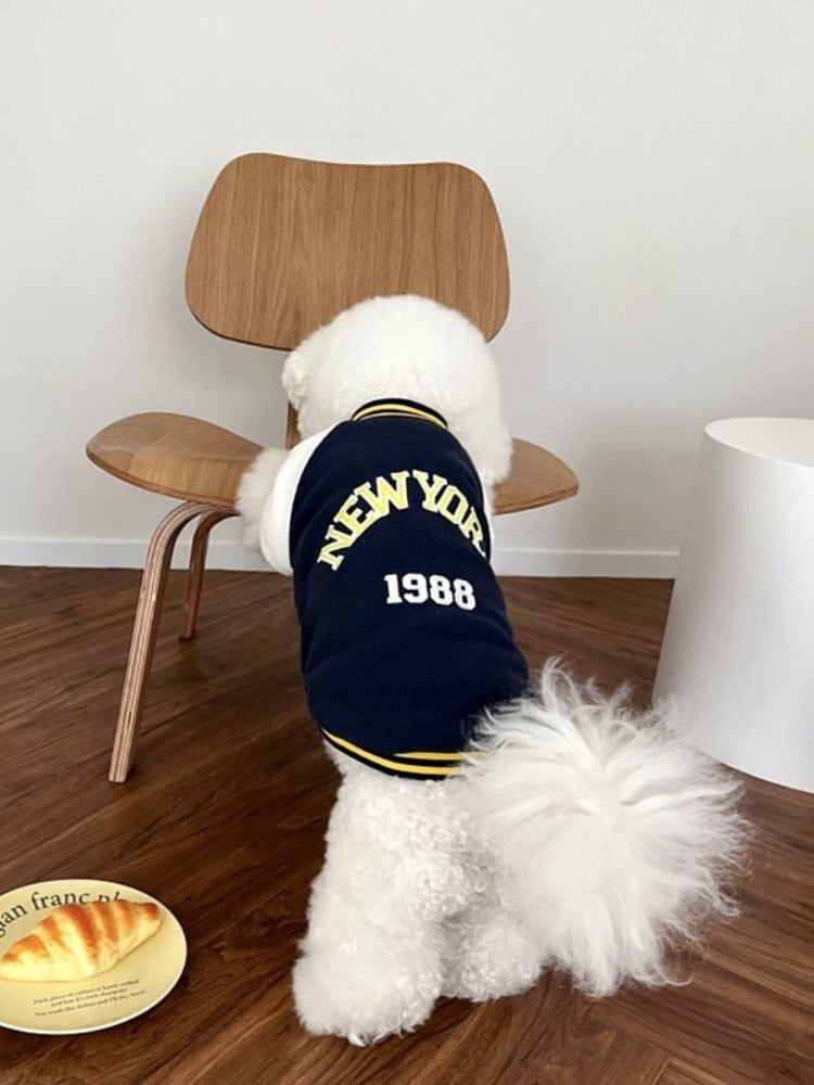 Navy Blue New York 1988 Varsity Fleece Pet Jacket with white sleeves and contrasting trim. - View 6 | TEVQA