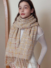 Confetti knit scarf with textured grid pattern and fringed hem - View 7 | TEVQA