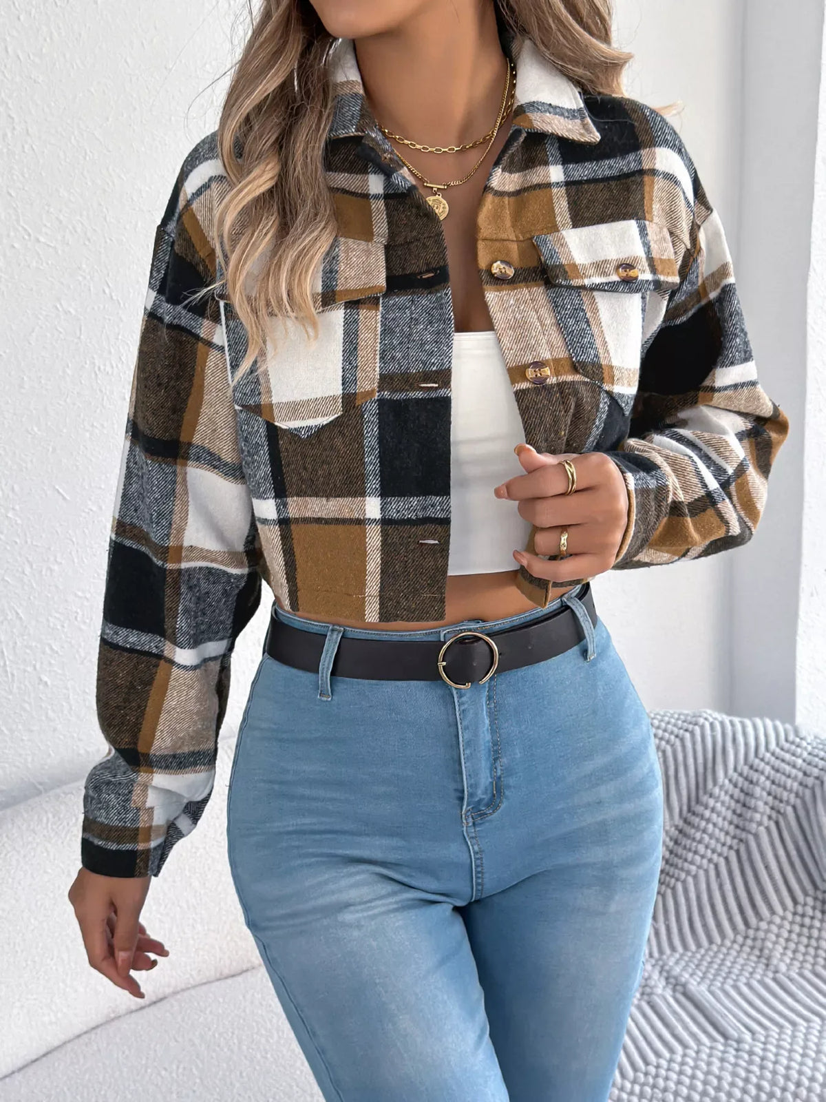 Rust Plaid Cropped Shacket - View 11 | TEVQA