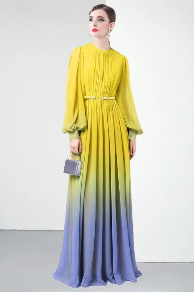 Long sleeve gradient maxi dress with belt - View 6 | TEVQA
