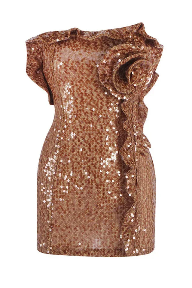 Strapless Sequin Floral Ruffle Dress - TEVQA