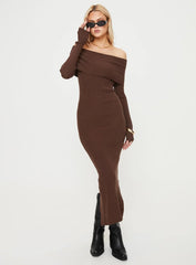 Phylis Chocolate Ribbed Off-Shoulder Knit Maxi Dress - Long Sleeve Bodycon Sweater Gown - TEVQA