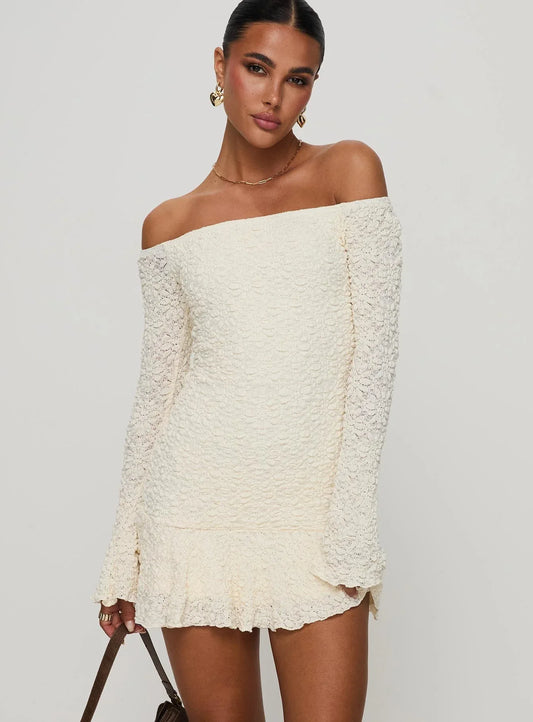 Vancesca Cream Textured Off-Shoulder Mini Dress - Ruffle Hem Long Sleeve Bodycon - TEVQA