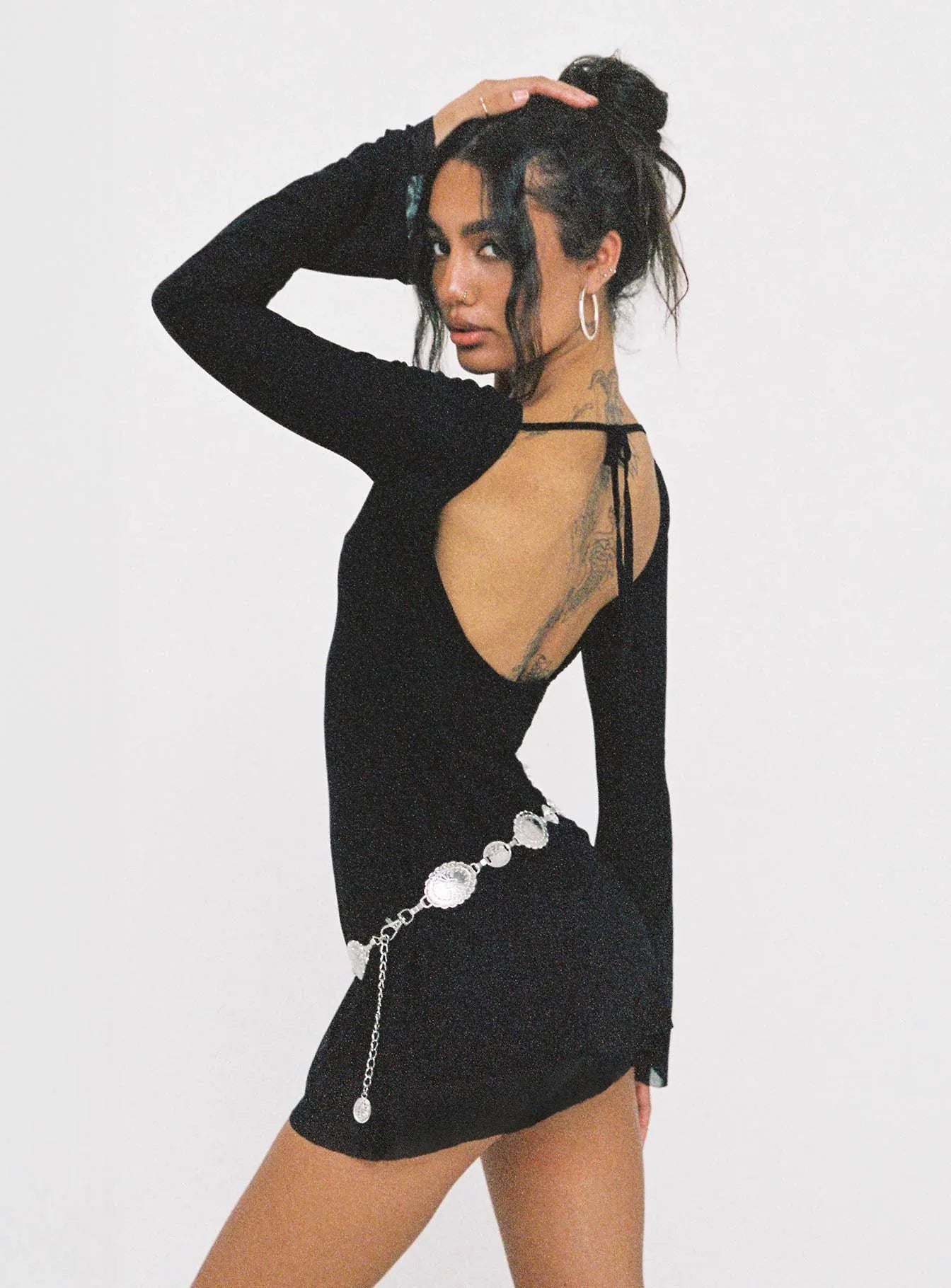 Black mesh mini dress with long bell sleeves and an open back tie detail - View 9 | TEVQA