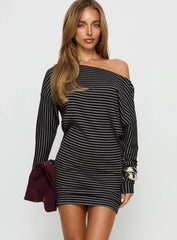 Alayne Black & Grey Striped Off-Shoulder Knit Mini Dress - Long Sleeve Slouchy Casual Tunic - TEVQA