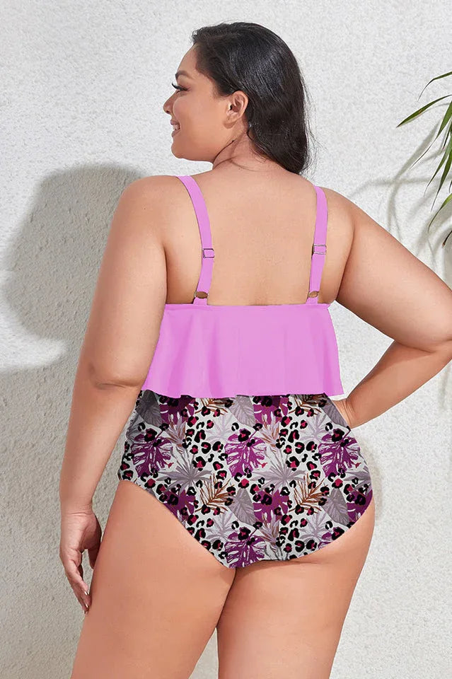 Floral high waist bikini set with ruffled overlay and adjustable straps - View 17 | TEVQA