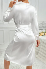 White Satin Robe with Wide Floral Lace Trim, Long Sleeve Midi Kimono - Bridal & Loungewear