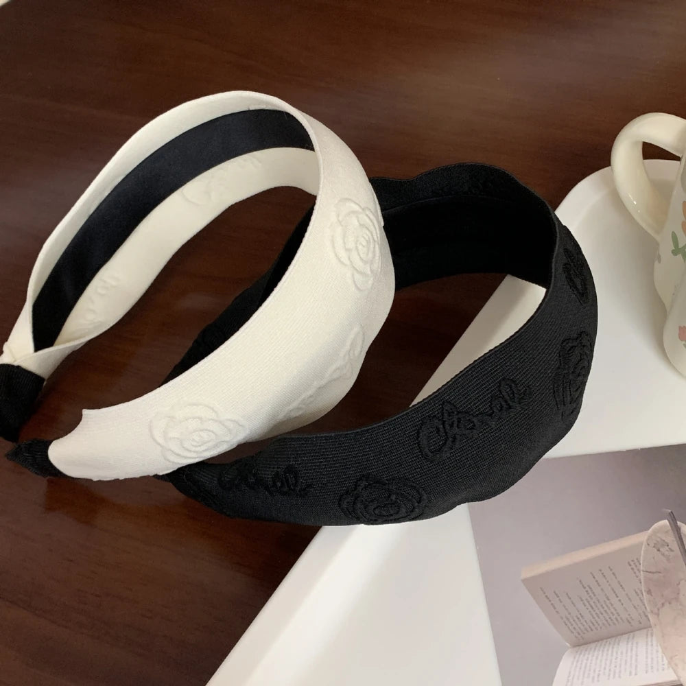 Embossed Camellia Flower Wide Headband - 2 Inch Statement Style