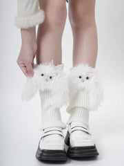 White Ribbed Knit Leg Warmers with 3D Plush Bunny