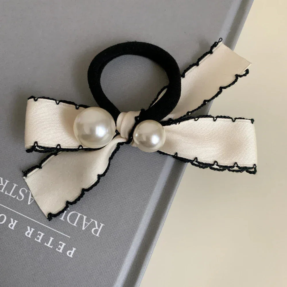 Preppy Pearl Bow Hair Tie with Contrast Stitch - View 7 | TEVQA