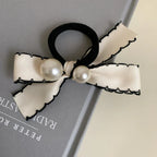 Preppy Pearl Bow Hair Tie with Contrast Stitch - View 7 | TEVQA