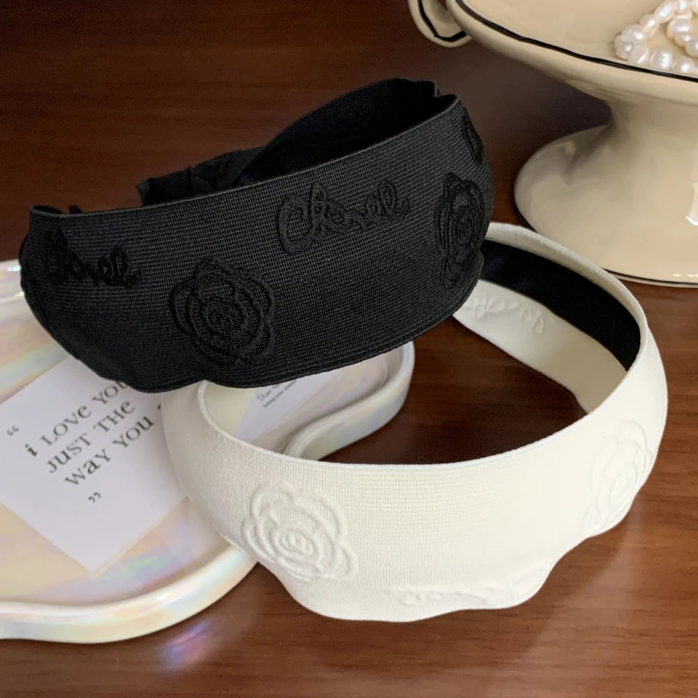 Embossed Camellia Flower Wide Headband - 2 Inch Statement Style