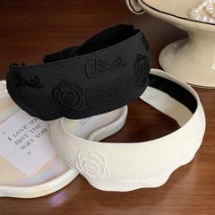 Embossed Camellia Flower Wide Headband - 2 Inch Statement Style