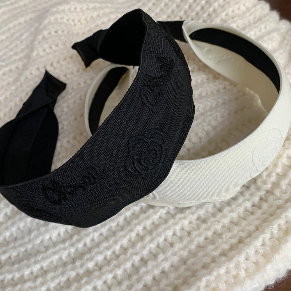 Embossed Camellia Flower Wide Headband - 2 Inch Statement Style