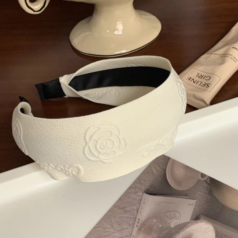 Embossed Camellia Flower Wide Headband - 2 Inch Statement Style