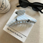 Medium Acetate Hair Claw Clip with Blue Stripe and Bow Print - View 7 | TEVQA