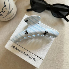 Medium Acetate Hair Claw Clip with Blue Stripe and Bow Print - View 7 | TEVQA