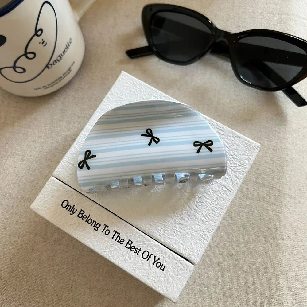 Medium Acetate Hair Claw Clip with Blue Stripe and Bow Print - View 6 | TEVQA