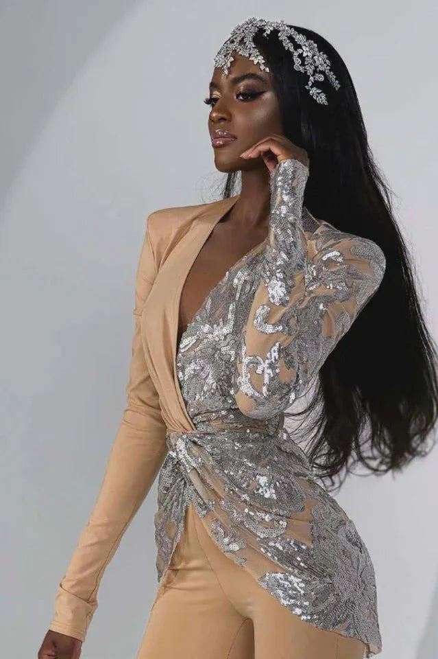 Sequin long sleeve jumpsuit with flared legs - View 6 | TEVQA