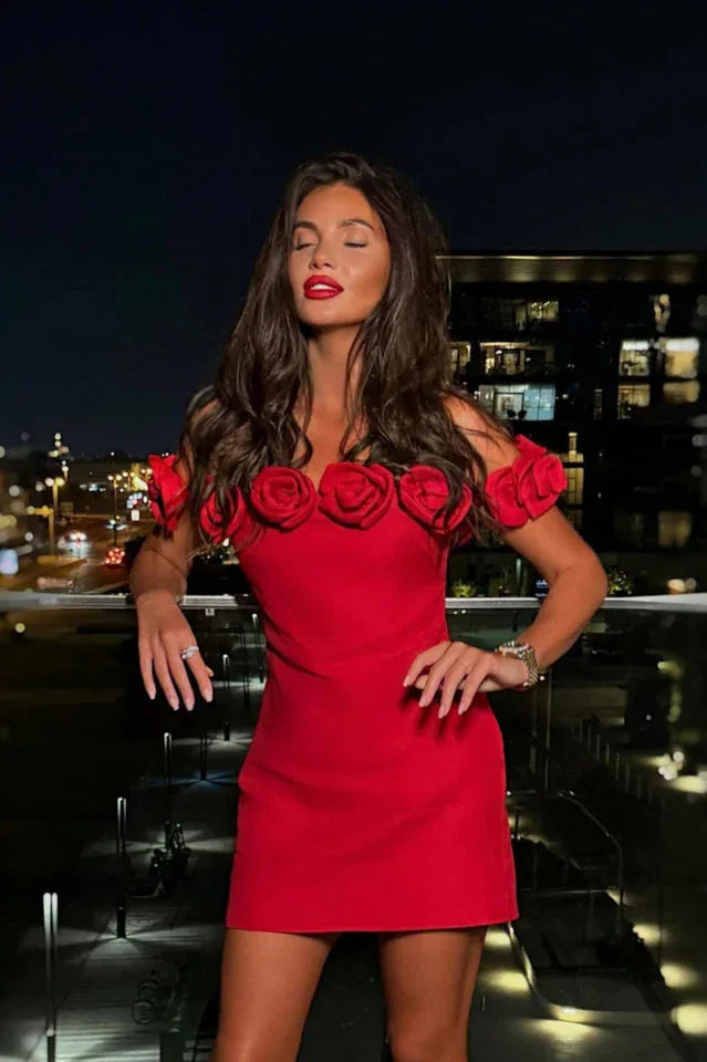 Rose Embellished Off-the-Shoulder Mini Dress - View 15 | TEVQA